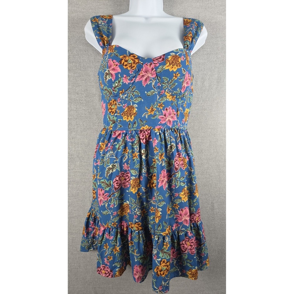 Land of the Free People Sun Dress M Blue Floral Cottagecore Boho Peasant Ruffle